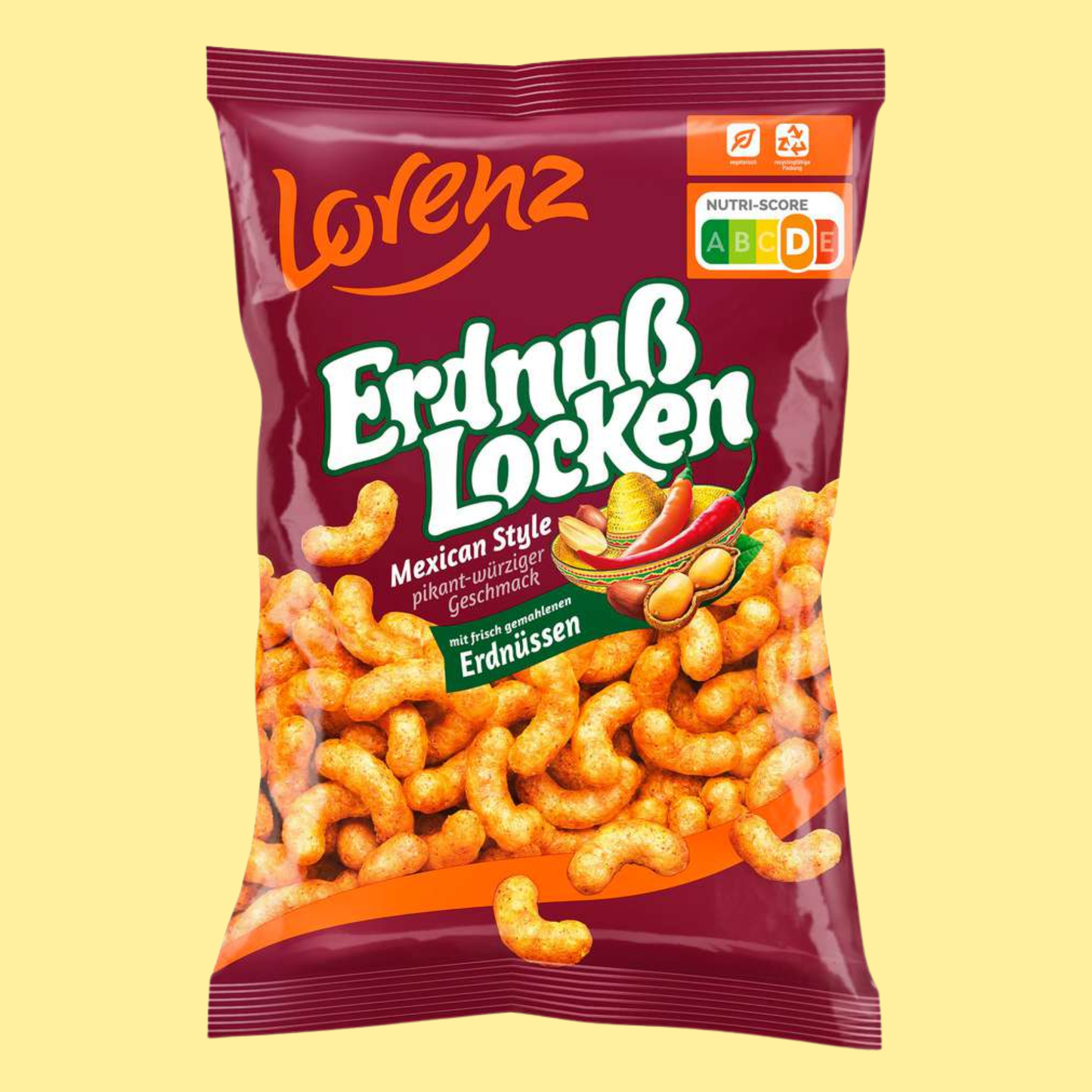 Lorenz ErdnußLocken Mexican Style 175g – crispy corn and peanut snack with fiery chili and Mexican spices, a bold twist on a classic German snack