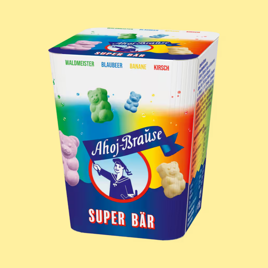 Ahoj-Brause Super Bär fizzy candy bears 125g – crunchy dextrose bears with banana, woodruff, blueberry and cherry flavours, enriched with Vitamin C, zinc, calcium and magnesium