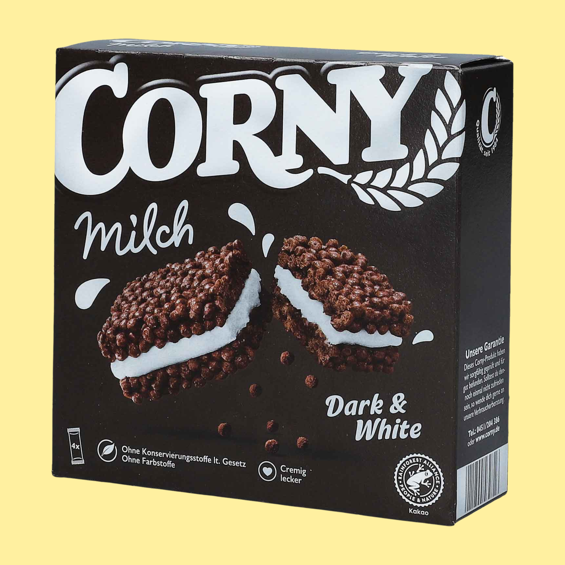 Corny Milk Dark & White cereal bar 120g – crunchy cocoa crispies with milk cream filling, a classic German snack