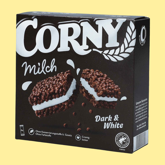 Corny Milk Dark & White cereal bar 120g – crunchy cocoa crispies with milk cream filling, a classic German snack