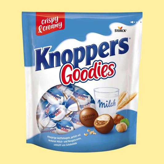 Knoppers Goodies 180g – crunchy wafer bites coated in smooth milk chocolate with hazelnut and caramel, the iconic German chocolate snack in bite-sized pieces