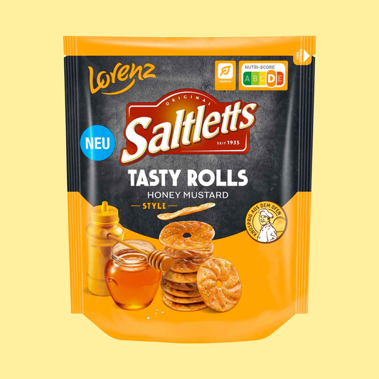 Lorenz Tasty Rolls Honey Mustard pretzel chips 130g – crispy flat pretzel chips with sweet honey and tangy mustard seasoning, a premium German snack