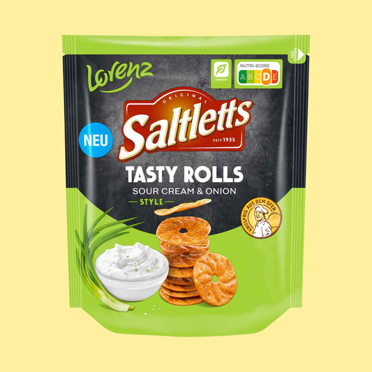 Lorenz Tasty Rolls Sour Cream & Onion pretzel chips 130g – crispy flat pretzel chips with creamy sour cream and fine onion seasoning, a premium German snack