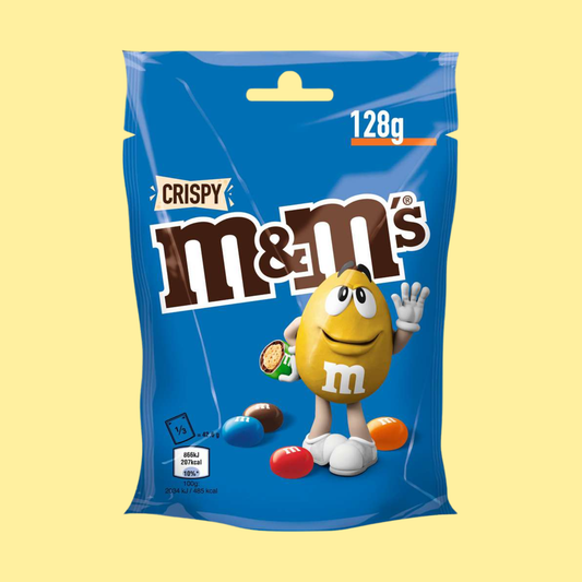 M&M's Crispy chocolate candy 128g – light puffed rice center covered in milk chocolate with a colourful candy shell