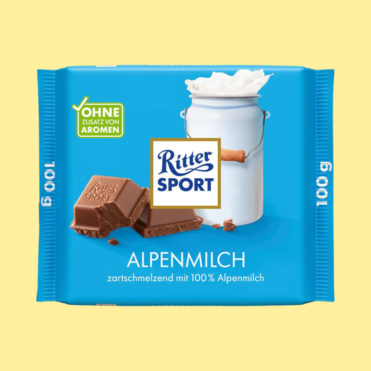 Ritter Sport Alpenmilch alpine milk chocolate 100g – smooth classic German milk chocolate in the iconic square shape, perfect for sharing or gifting
