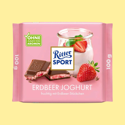 Ritter Sport Erdbeer Joghurt strawberry yogurt chocolate 100g – smooth chocolate with fruity strawberry and creamy yogurt filling in the iconic German square shape