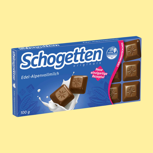 Schogetten Edel-Alpenvollmilch alpine milk chocolate 100g – smooth premium milk chocolate in individually portioned pieces, a classic German treat