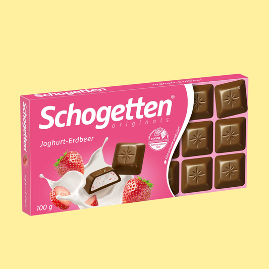 Schogetten Joghurt-Erdbeer yogurt strawberry chocolate 100g – milk chocolate with fruity strawberry-yogurt filling in individually portioned pieces