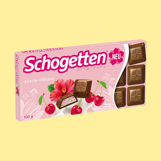 Schogetten Kirsche-Hibiskus cherry hibiscus chocolate 100g – alpine milk chocolate with fruity cherry and floral hibiscus filling in individually portioned pieces