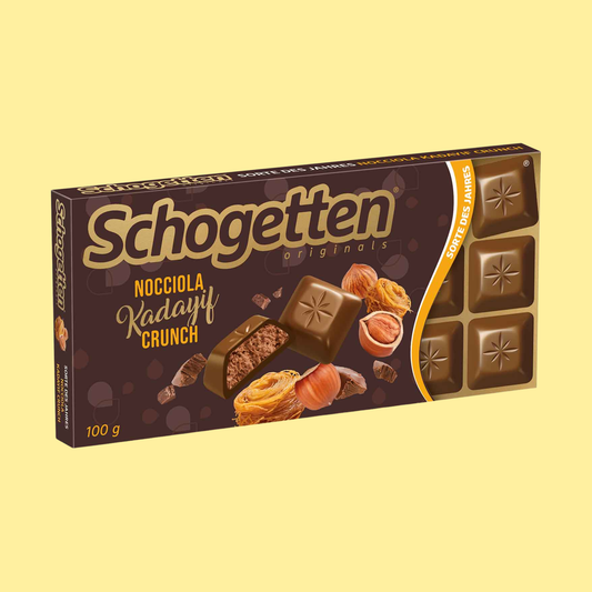Schogetten Nocciola Kadayif Crunch chocolate 100g – alpine milk chocolate with hazelnut filling and crispy oriental Kadayif pastry pieces in individually portioned pieces