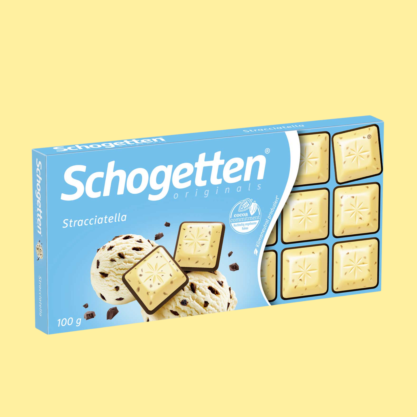 Schogetten Stracciatella chocolate 100g – white chocolate with crunchy cocoa nibs on dark chocolate in individually portioned pieces, inspired by the Italian ice cream classic