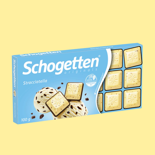 Schogetten Stracciatella chocolate 100g – white chocolate with crunchy cocoa nibs on dark chocolate in individually portioned pieces, inspired by the Italian ice cream classic