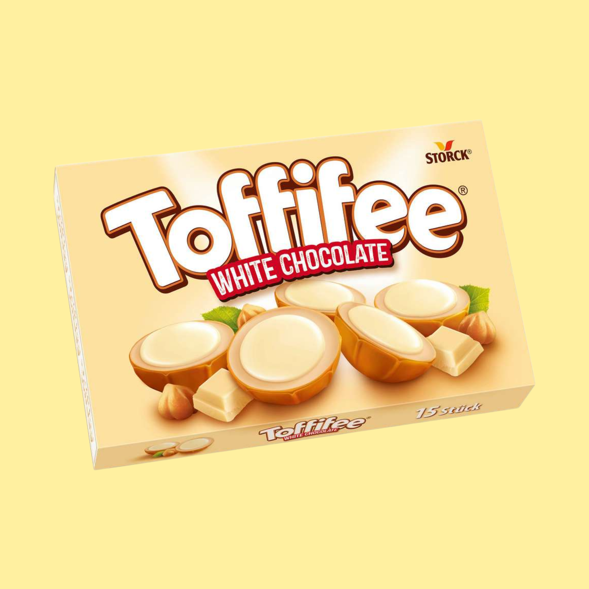 Toffifee White Chocolate 125g – whole hazelnut in chewy caramel cup with nougat cream and white chocolate, a creamy twist on the iconic German sweet treat